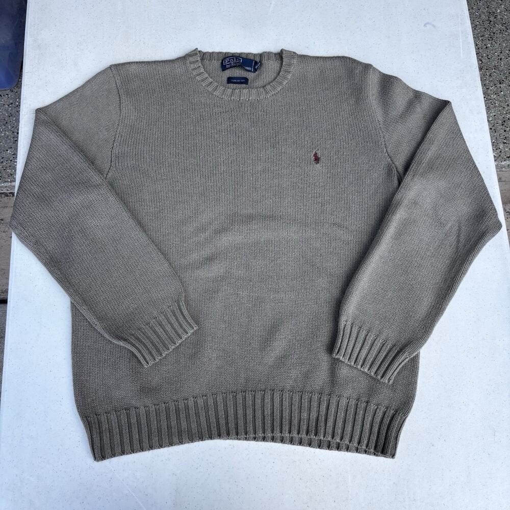 Polo Ralph Lauren Men's Gray Beige Cotton Sweater Vintage, Size Medium Crew Neck